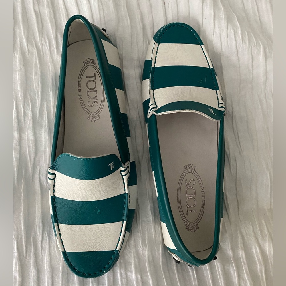 Tod's Green/White Striped Leather Slip On Loafers, Size 38